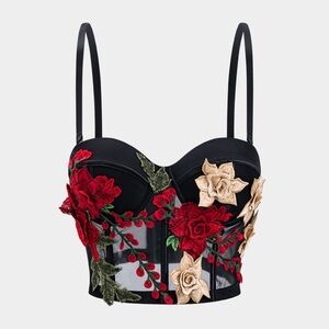 Floral Embroidered Black Bustier Top